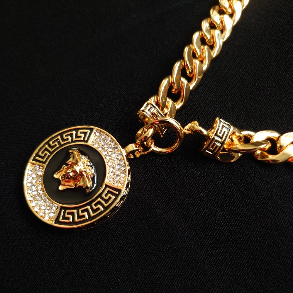 Medusa Gold Cuban Chain Unisex Necklace  Medusa Head Coin Pendant Gold Crystal